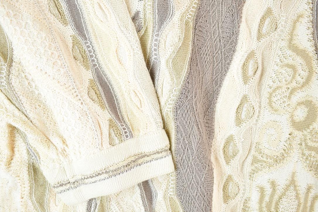 Vintage 1990s Coogi Made In Australia 3D knit 100% Cotton Cream Colour Abstract Pattern Knit Crewneck Sweater Men's Large from propervintagecanada