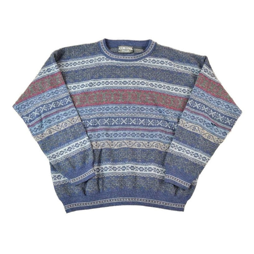 Vintage 1990s Cortina Italia Wool Blend Knit Abstract Pattern Crewneck Sweater Made In Italy Men's Small from propervintagecanada
