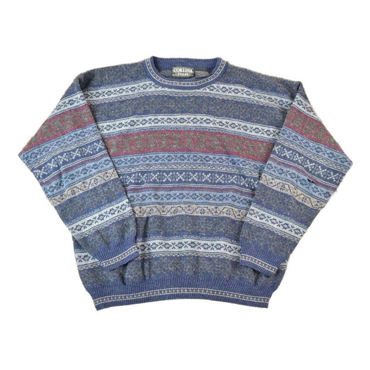 Vintage 1990s Cortina Italia Wool Blend Knit Abstract Pattern Crewneck Sweater Made In Italy Men's Small from propervintagecanada