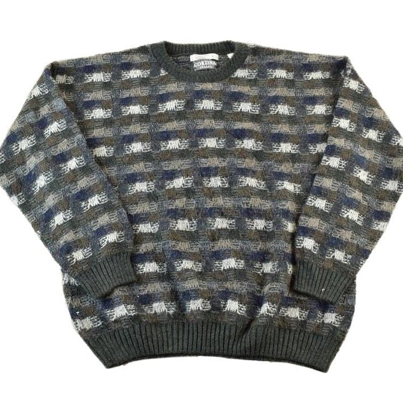 Vintage 1990s Cortina Italia Wool Knit Abstract Pattern Crewneck Sweater Men's XL from propervintagecanada