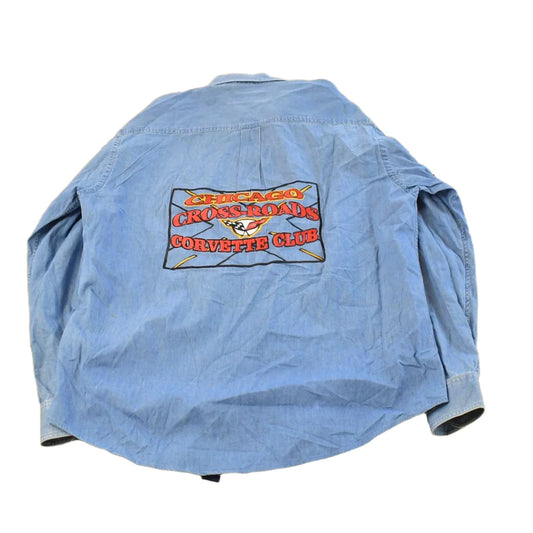 Vintage 1990s Corvette Embroidered Denim Button Up Shirt Men's L from propervintagecanada