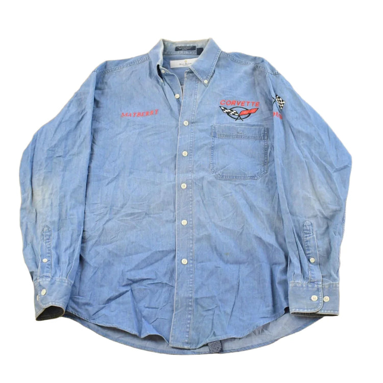 Vintage 1990s Corvette Embroidered Denim Button Up Shirt Men's L from propervintagecanada