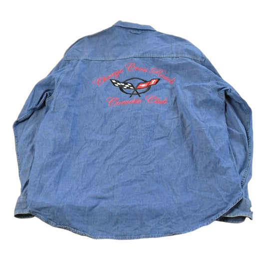 Vintage 1990s Corvette Embroidered Denim Button Up Shirt Men's XL from propervintagecanada