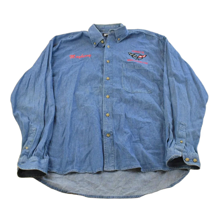 Vintage 1990s Corvette Embroidered Denim Button Up Shirt Men's XL from propervintagecanada