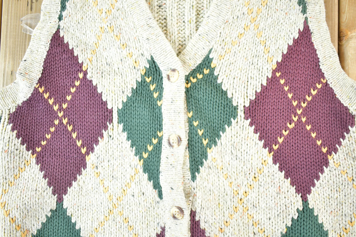Vintage 1990s Cotton Ginny Argyle Pattern Chunky Knit Cardigan Sweater Vest Women's S from propervintagecanada