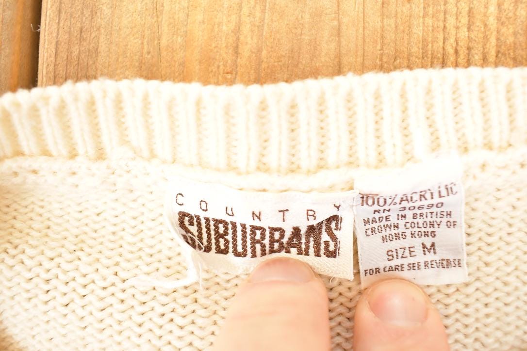 Vintage 1990s Country Suburbans AOP Farm Theme Embroidered Knit Crewneck Sweater Men's S from propervintagecanada
