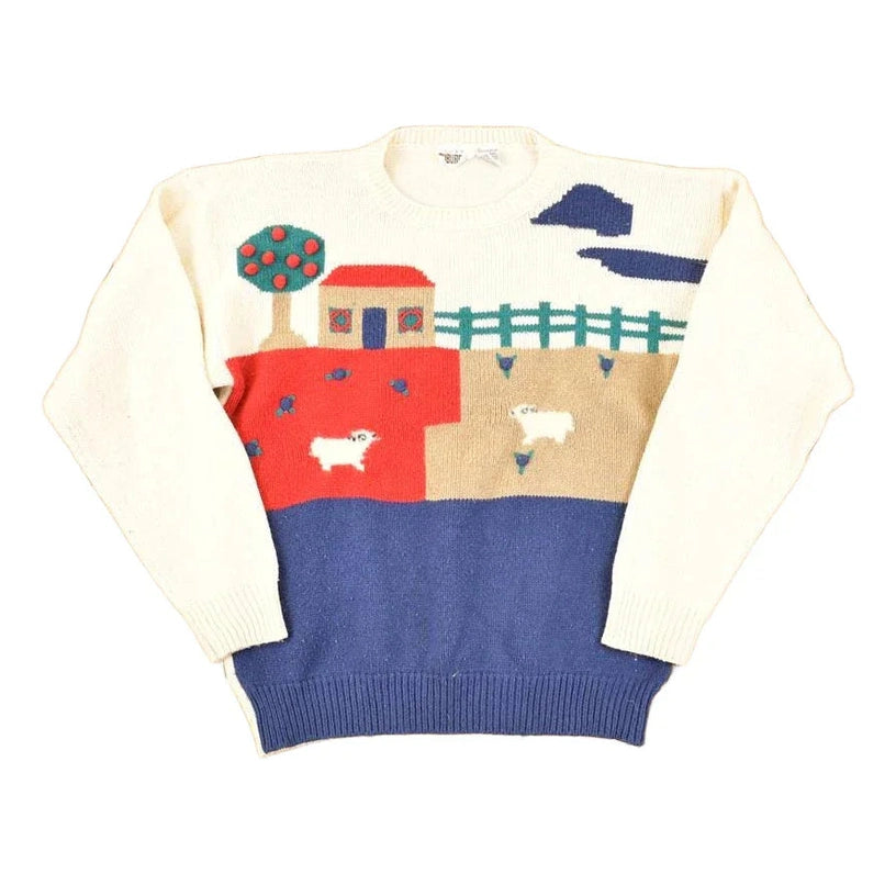 Vintage 1990s Country Suburbans AOP Farm Theme Embroidered Knit Crewneck Sweater Men's S from propervintagecanada