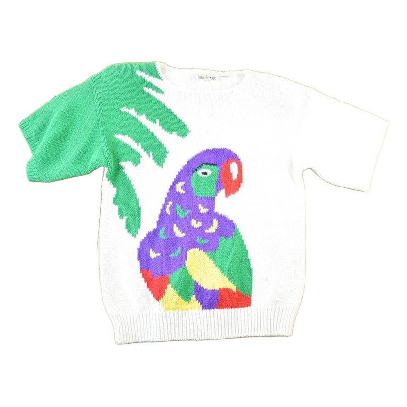 Vintage 1990s Country Suburbans Parrot AOP Knit Abstract Pattern Crewneck Sweater Womens XS from propervintagecanada