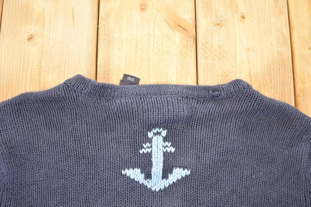 Vintage 1990s Crazy Horse AOP Boating Knit Cardigan Sweater Men's L from propervintagecanada
