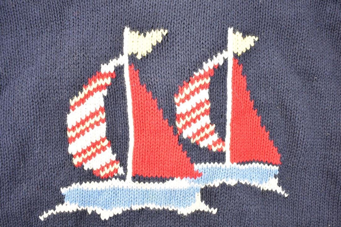 Vintage 1990s Crazy Horse AOP Boating Knit Cardigan Sweater Men's L from propervintagecanada