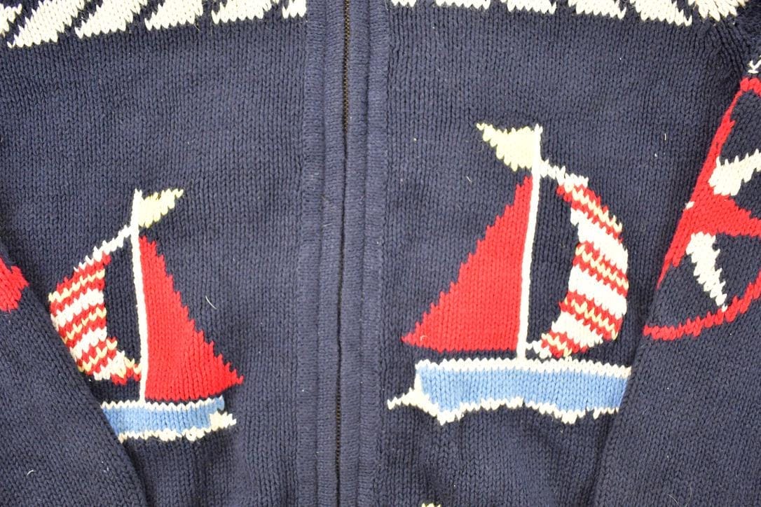 Vintage 1990s Crazy Horse AOP Boating Knit Cardigan Sweater Men's L from propervintagecanada