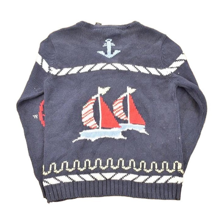 Vintage 1990s Crazy Horse AOP Boating Knit Cardigan Sweater Men's L from propervintagecanada