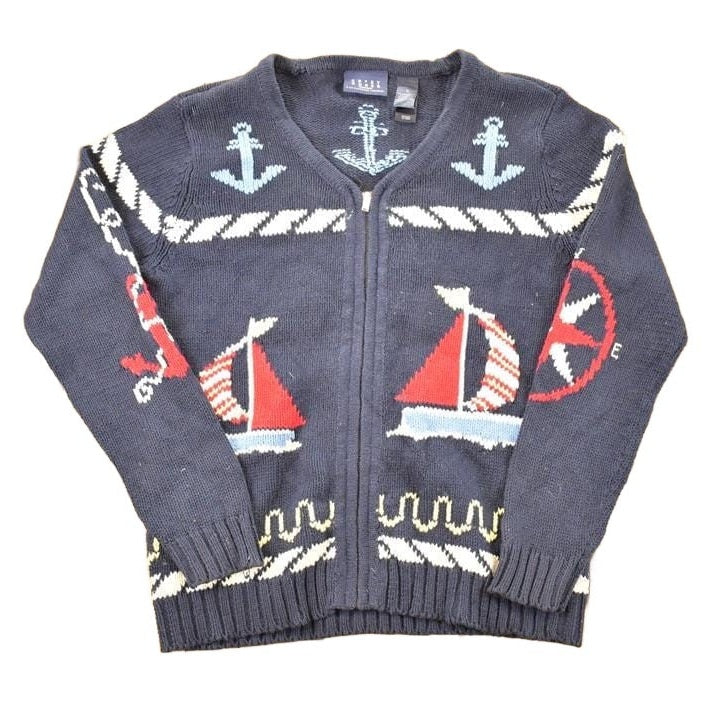 Vintage 1990s Crazy Horse AOP Boating Knit Cardigan Sweater Men's L from propervintagecanada