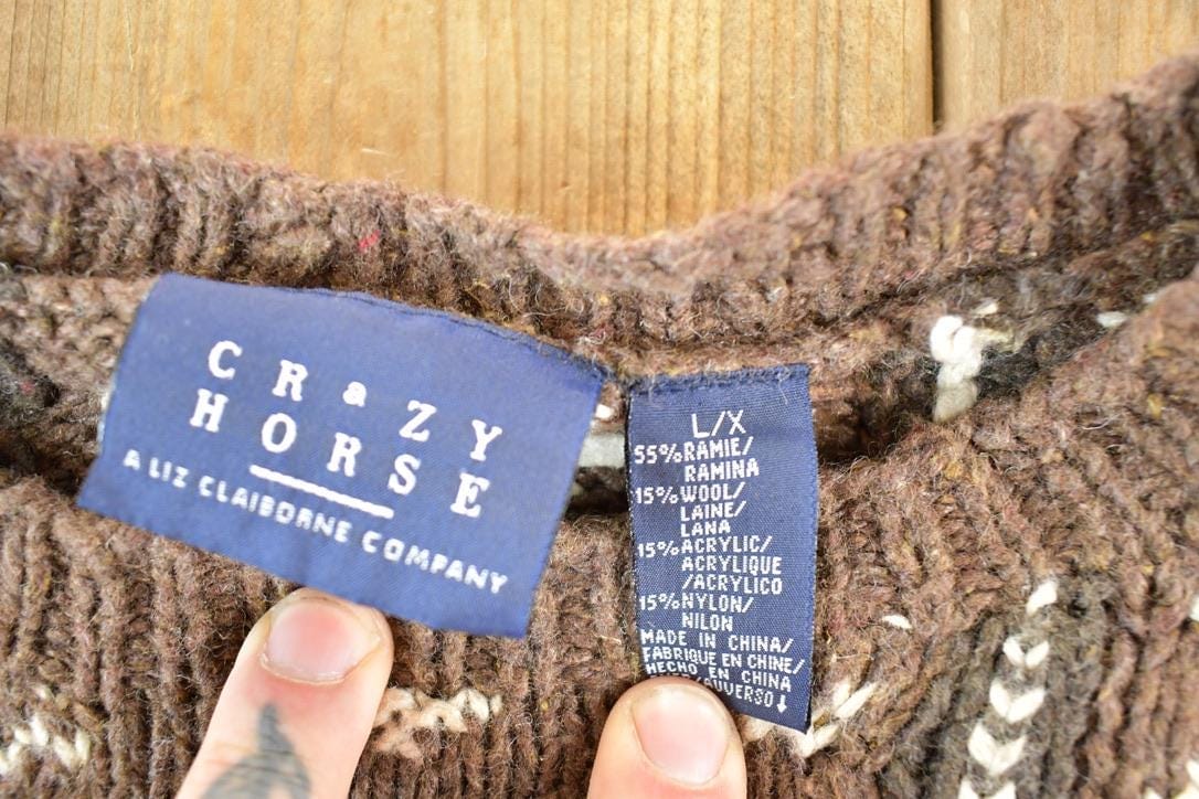 Vintage 1990s Crazy Horse Knit Abstract Pattern Crewneck Sweater Mens L from propervintagecanada