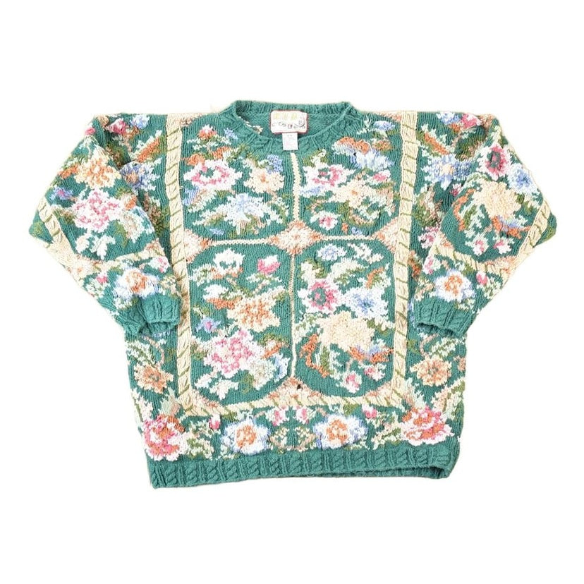 Vintage 1990s Crystal Kobe Chunky Floral All Over Print Knit Abstract Pattern Crewneck Sweater Women's L from propervintagecanada