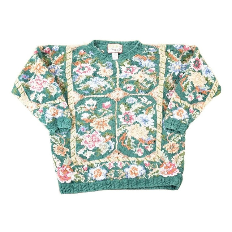 Vintage 1990s Crystal Kobe Chunky Floral All Over Print Knit Abstract Pattern Crewneck Sweater Women's L from propervintagecanada
