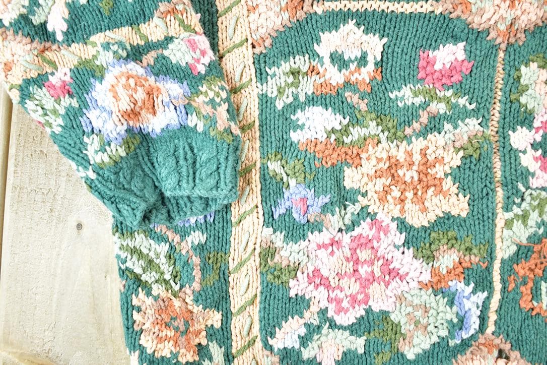 Vintage 1990s Crystal Kobe Chunky Floral All Over Print Knit Abstract Pattern Crewneck Sweater Women's L from propervintagecanada