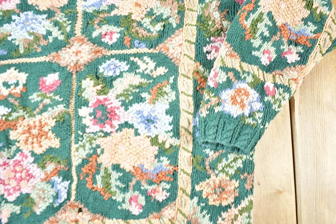 Vintage 1990s Crystal Kobe Chunky Floral All Over Print Knit Abstract Pattern Crewneck Sweater Women's L from propervintagecanada