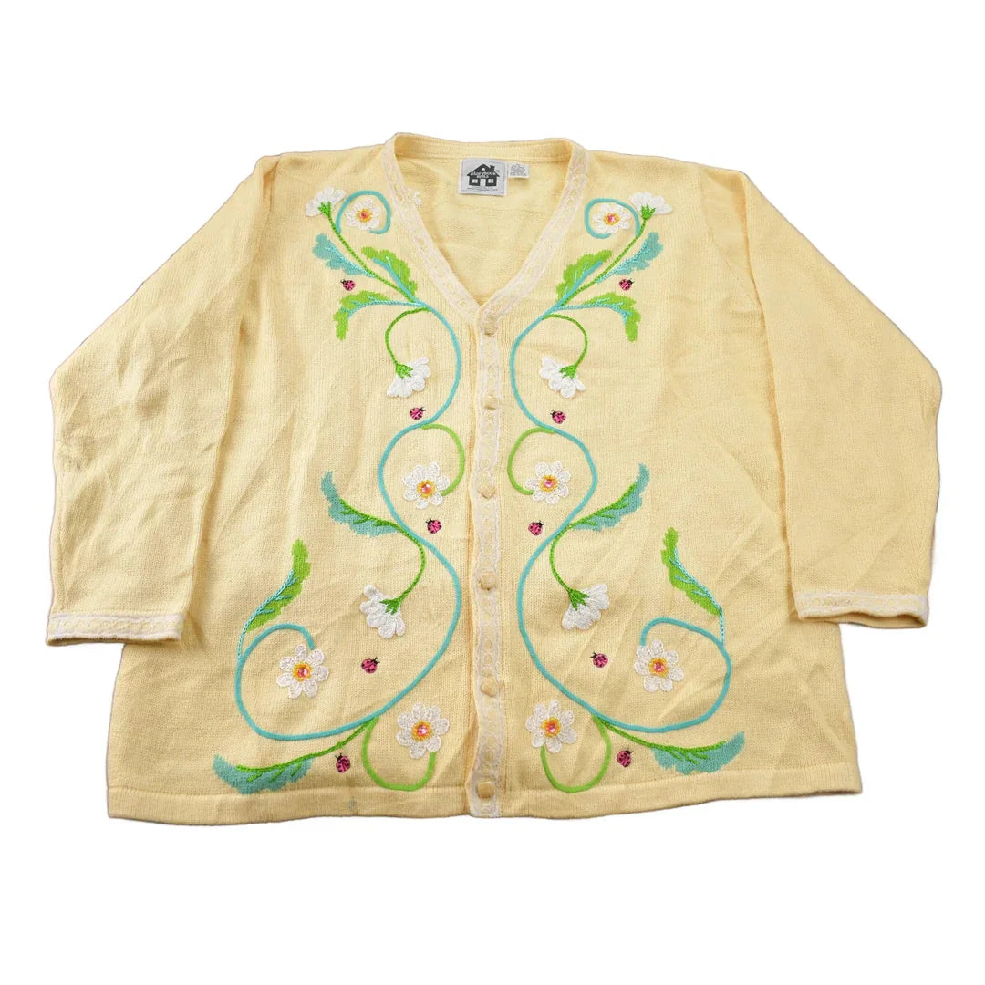 Vintage 1990s Cute Floral Theme Knit Cardigan Women's 2X from propervintagecanada