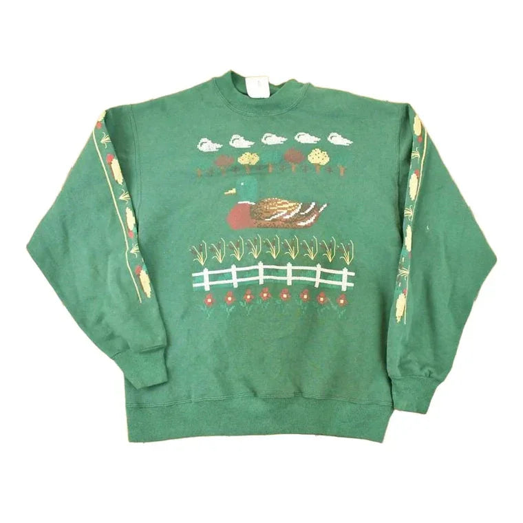 Vintage 1990s Cute Pixel Farm Ducks Graphic Print Crewneck Sweatshirt Men's M from propervintagecanada