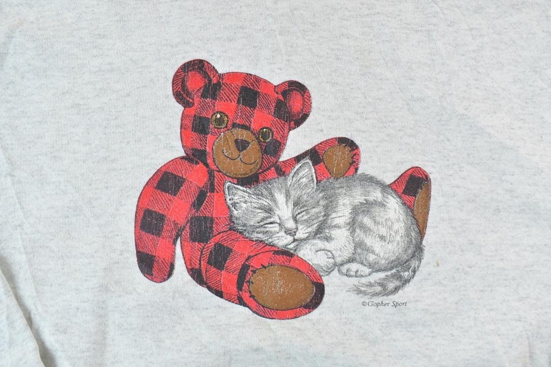 Vintage 1990s Cute Plaid Teddy Bear Embroidered Collared Crewneck Sweater Men's Large from propervintagecanada