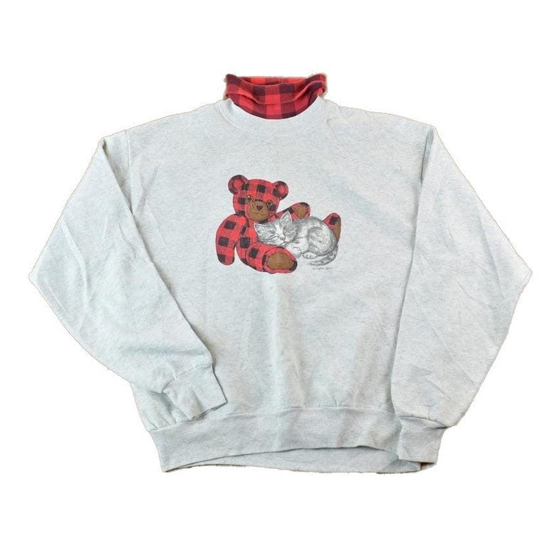 Vintage 1990s Cute Plaid Teddy Bear Embroidered Collared Crewneck Sweater Men's Large from propervintagecanada