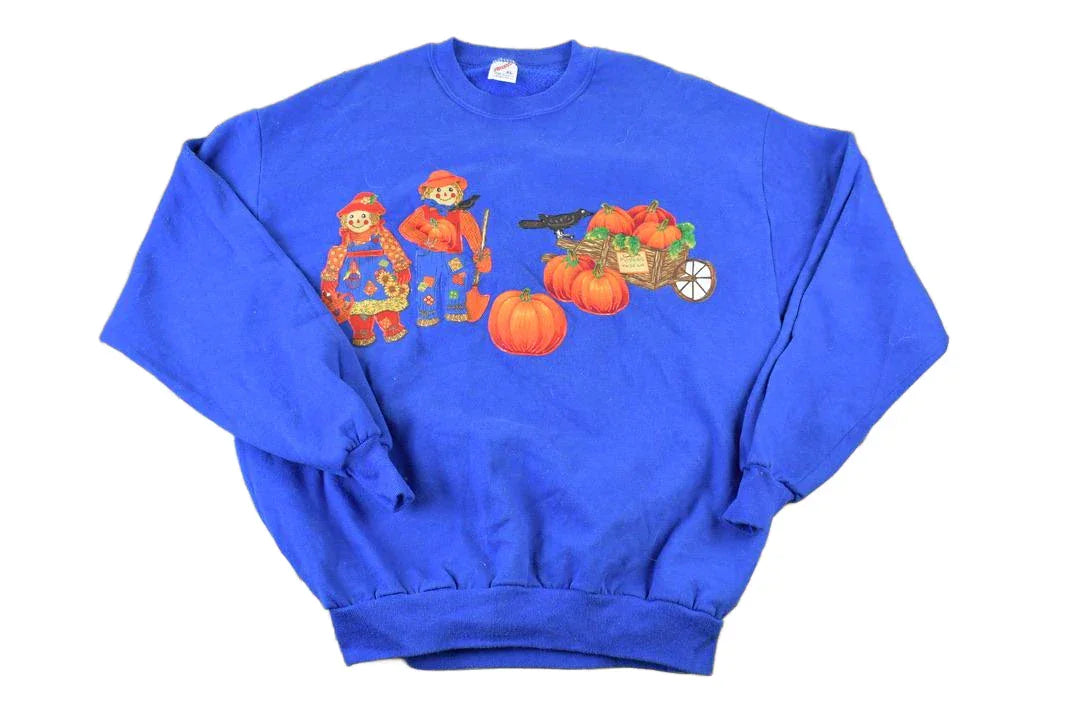 Vintage 1990s Cute Pumpkin Scarecrow Halloween Crewneck Sweater Men's Large from propervintagecanada