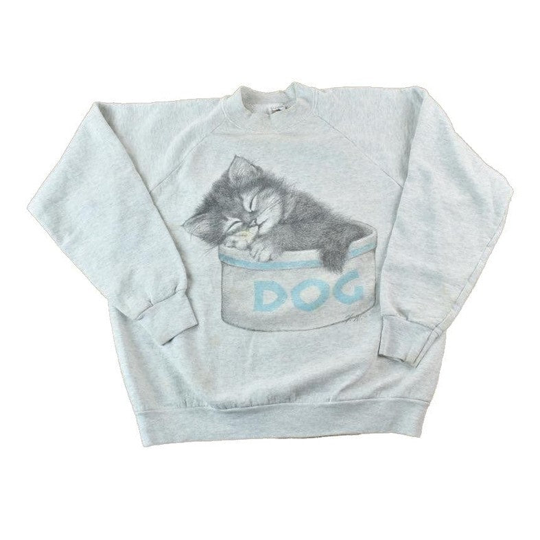 Vintage 1990s Cute Sleeping Kitten Crew Neck Sweater Men's Large from propervintagecanada