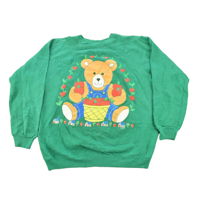 Vintage 1990s Cute Teddy Bear With Apples Graphic Raglan Crewneck Sweatshirt Men's L from propervintagecanada