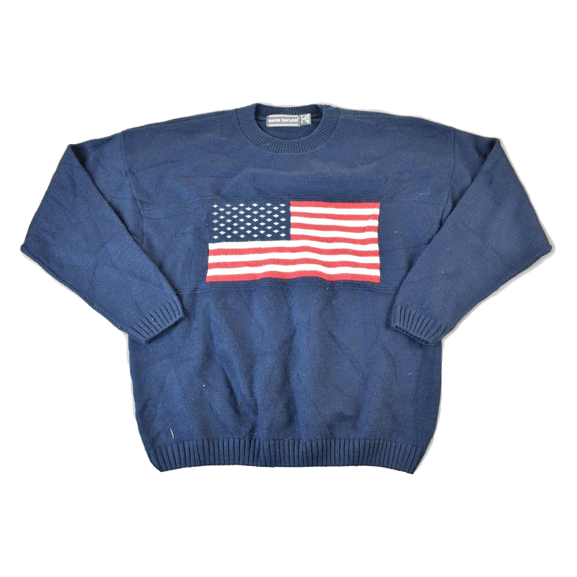 Vintage 1990s David Taylor American Flag Knit Crewneck Sweater Mens L from propervintagecanada