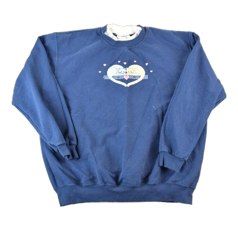 Vintage 1990s Day Breeze Cute Sleeping Kitty Double Collar Crewneck Sweater Made In USA 90s Crewneck Men's XL from propervintagecanada