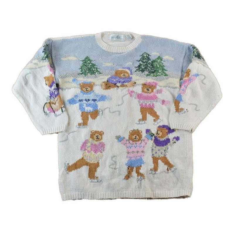 Vintage 1990s Design Options Cable Knit AOP Teddy Bear Crewneck Sweater Men's Large from propervintagecanada