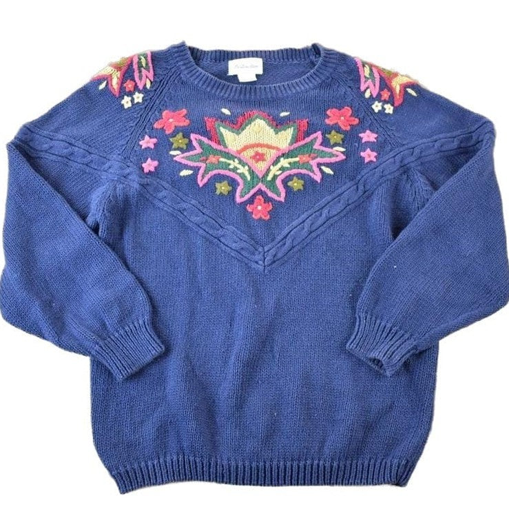 Vintage 1990s Distinction Floral 3D Colored Cable Knit Crewneck Sweater Women's S from propervintagecanada