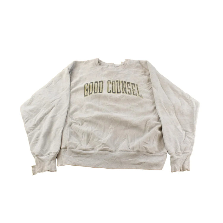Vintage 1990s Distressed Good Counsel Champion Reverse Weave Crewneck Sweatshirt Men's L from propervintagecanada