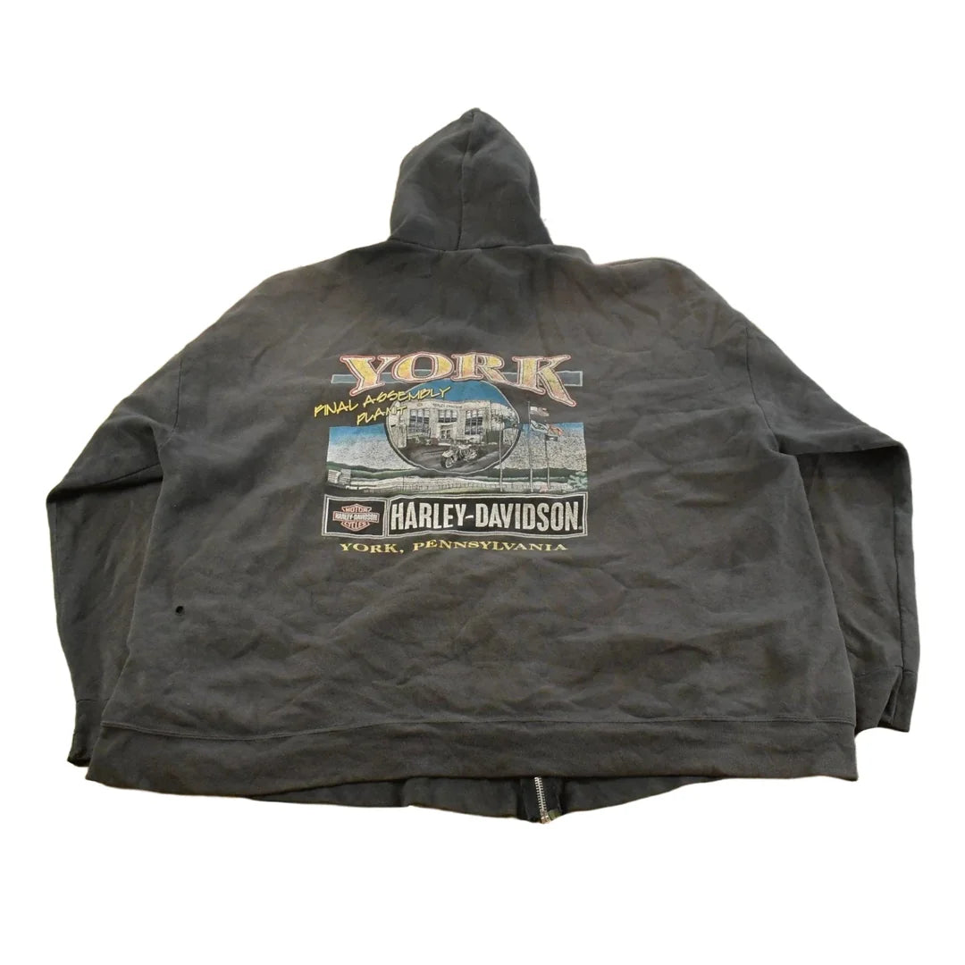 Vintage 1990s Distressed Harley Davidson Graphic Full Zip Hoodie Men's 3XL from propervintagecanada