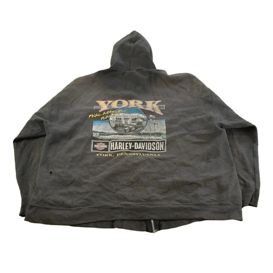 Vintage 1990s Distressed Harley Davidson Graphic Full Zip Hoodie Men's 3XL from propervintagecanada