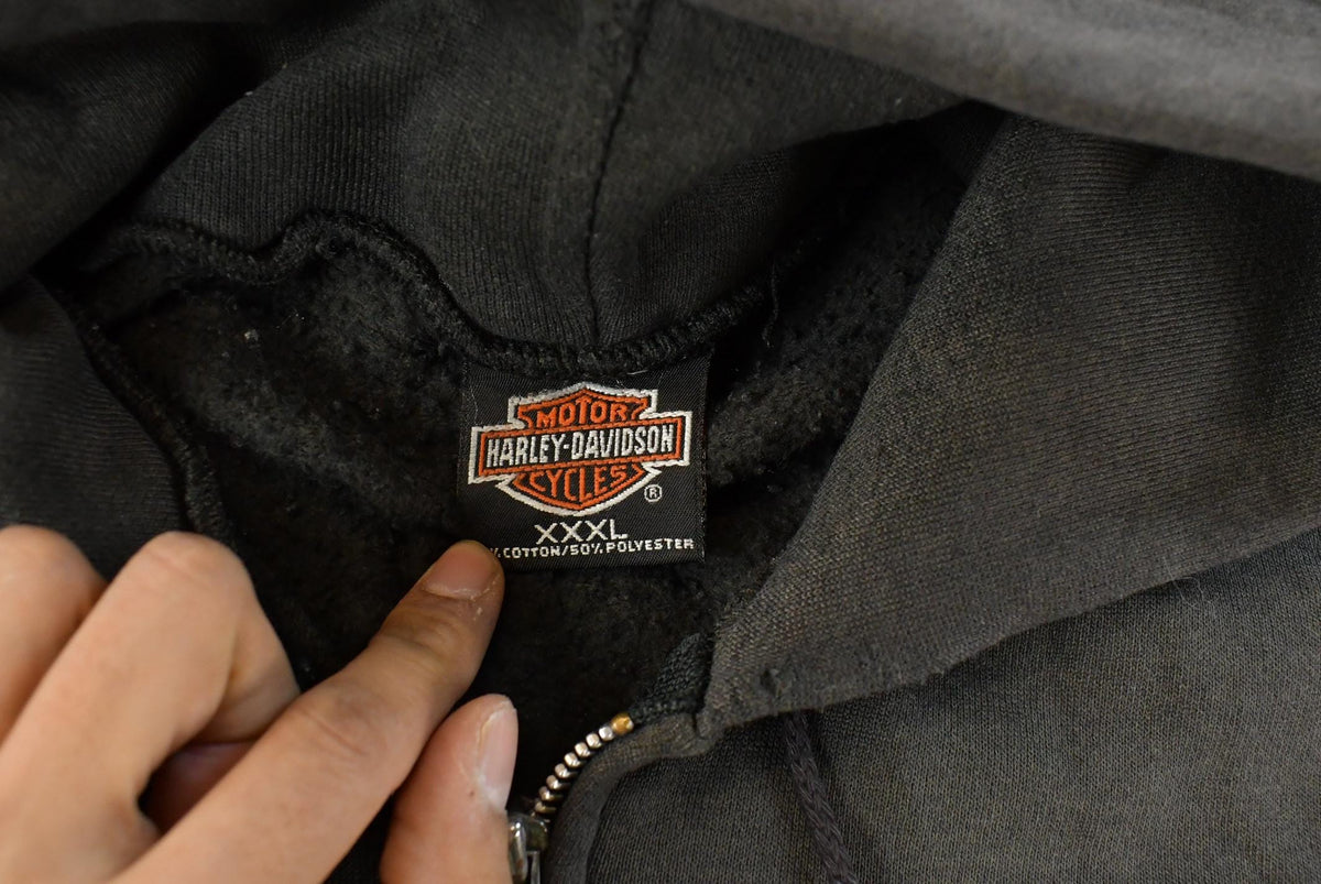 Vintage 1990s Distressed Harley Davidson Graphic Full Zip Hoodie Men's 3XL from propervintagecanada