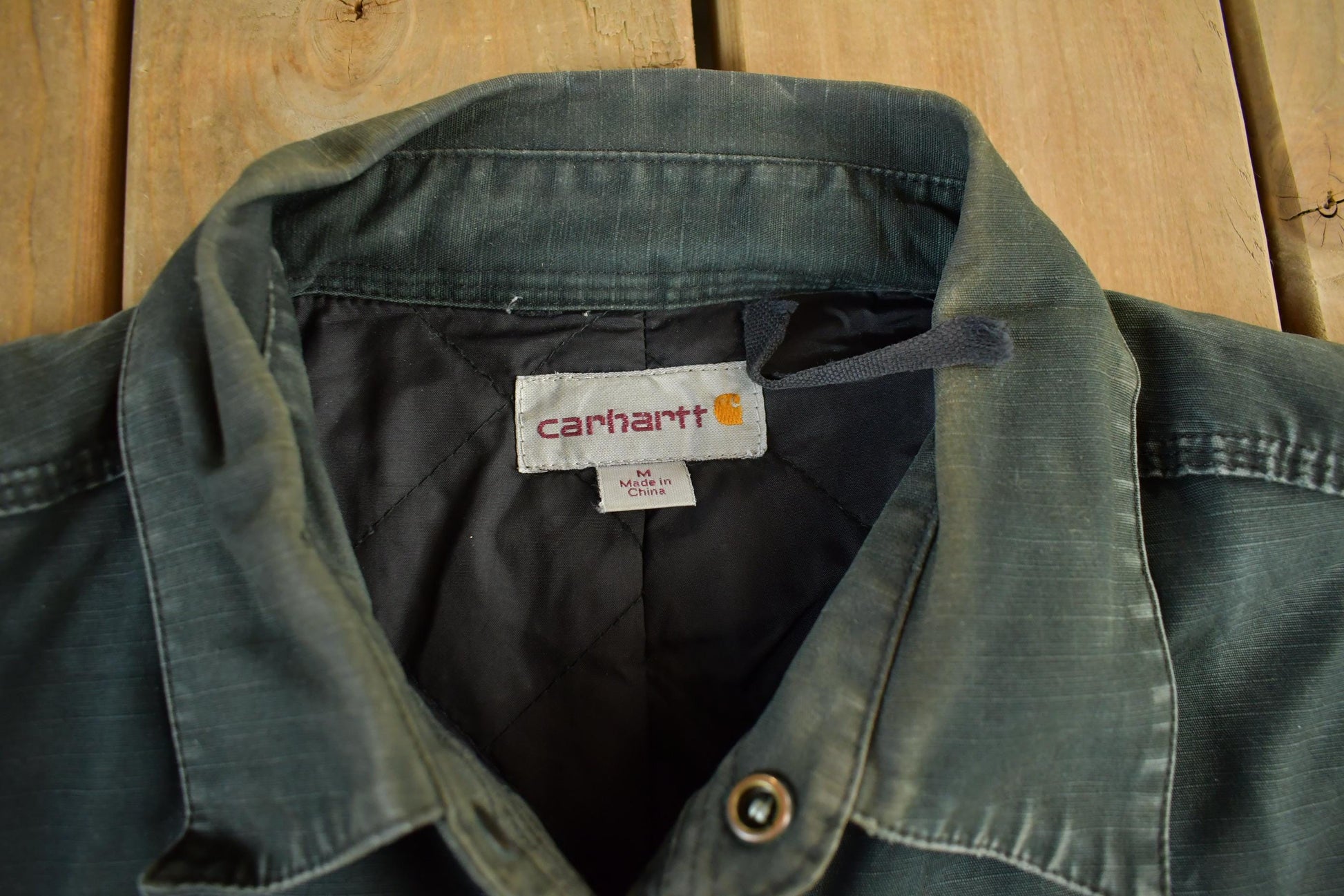 Vintage 1990s Distressed Sun Faded Carhartt Lined Shirt Jacket Men's Large from propervintagecanada