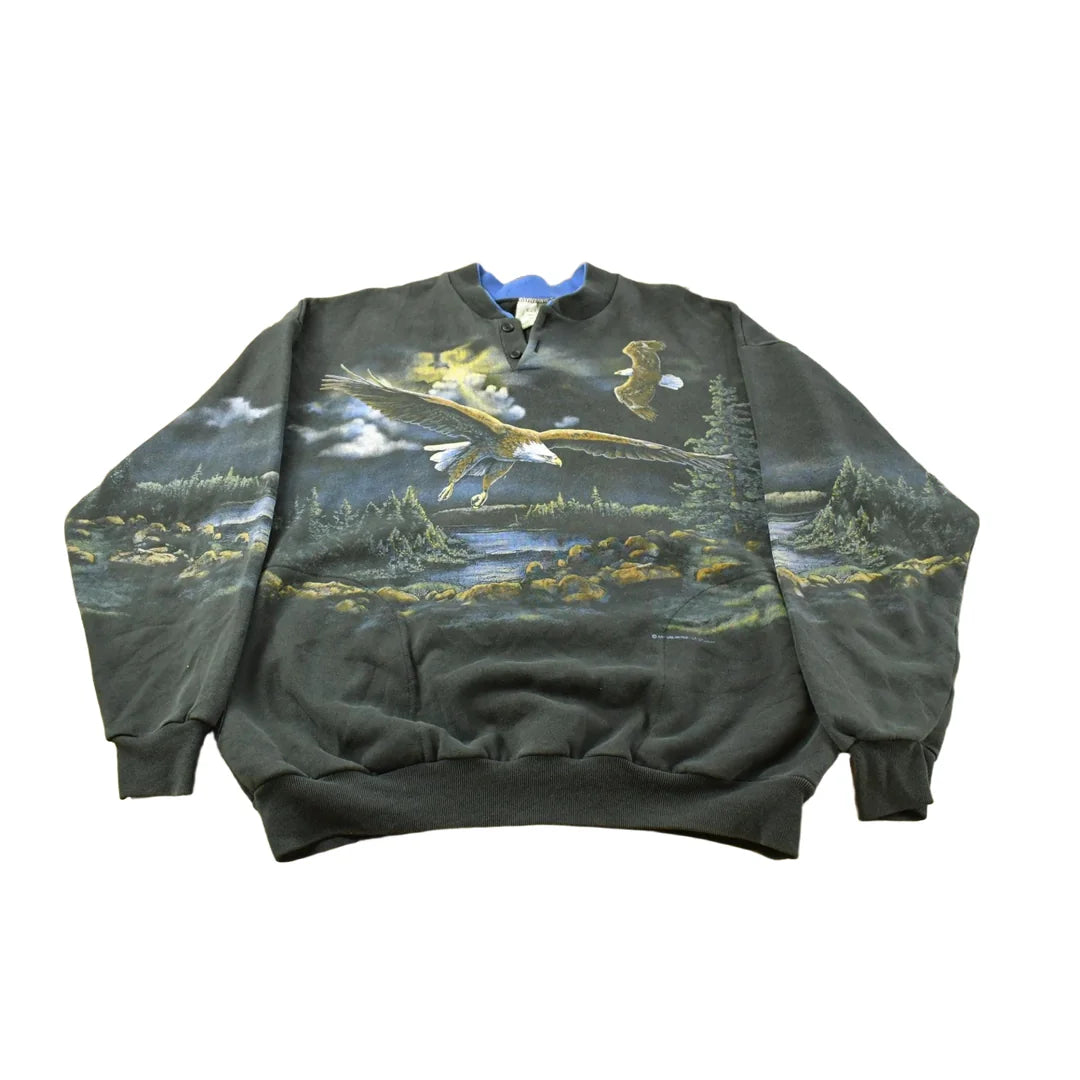 Vintage 1990s Eagle Nature All Over Print Henley Sweatshirt Men's L from propervintagecanada