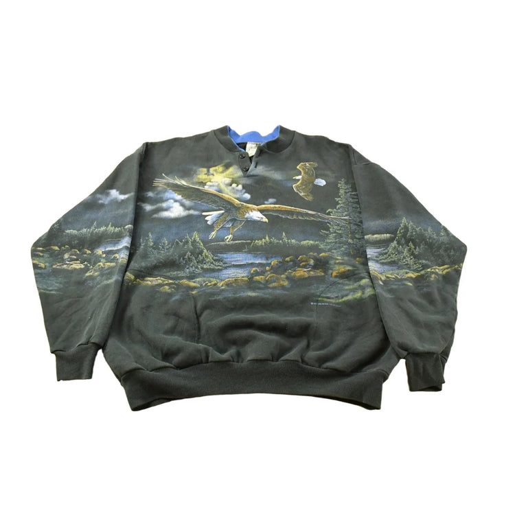 Vintage 1990s Eagle Nature All Over Print Henley Sweatshirt Men's L from propervintagecanada