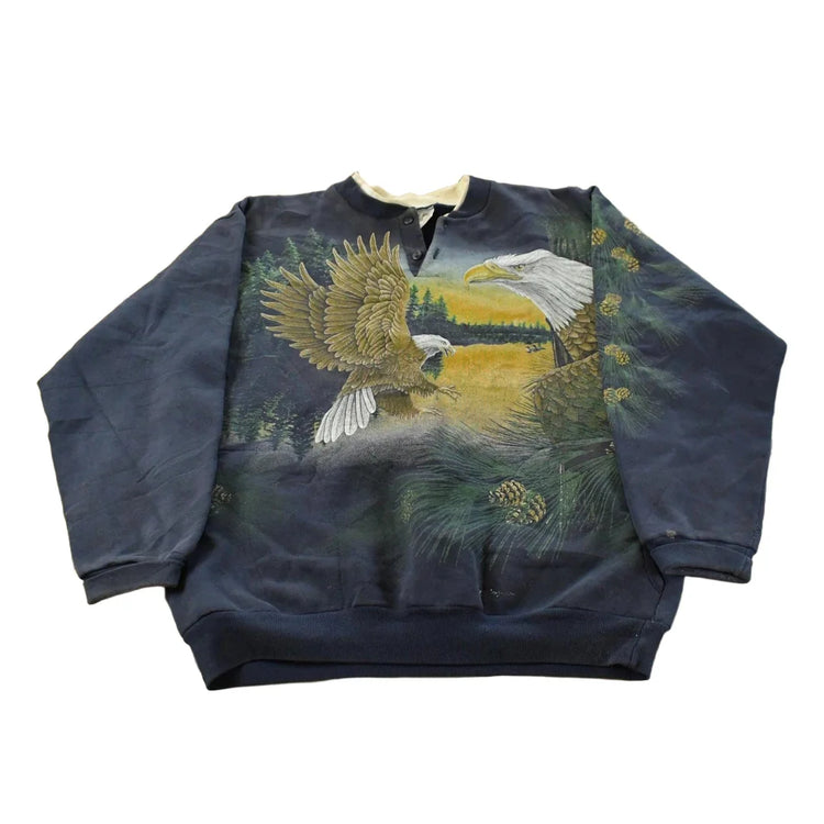 Vintage 1990s Eagle Nature Theme All Over Print Henley Sweatshirt Men's M from propervintagecanada