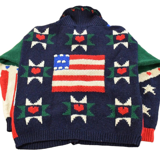 Vintage 1990s Eagles Eye 100% Wool American Flag Granny Square Patchwork Hand Knit Cardigan Sweater Women's M from propervintagecanada