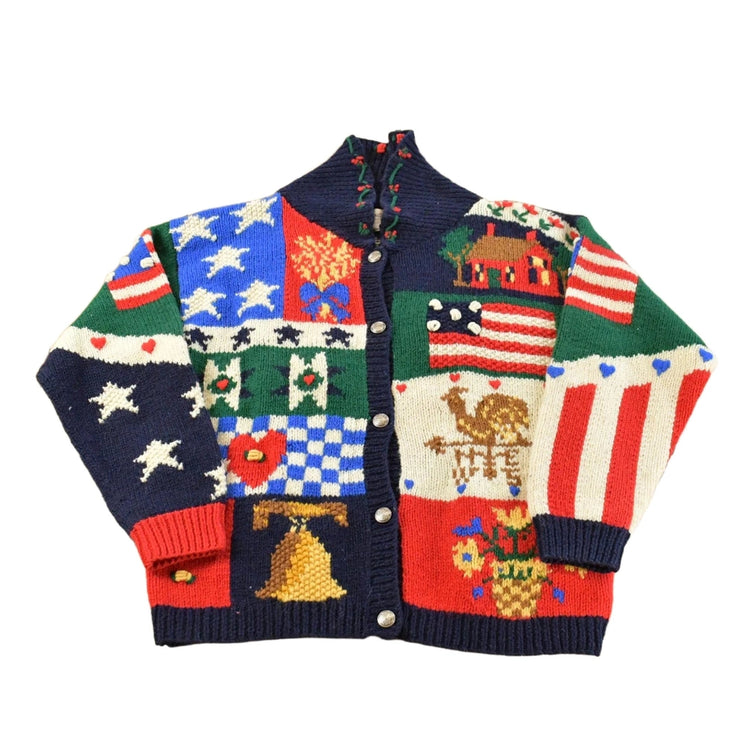 Vintage 1990s Eagles Eye 100% Wool American Flag Granny Square Patchwork Hand Knit Cardigan Sweater Women's M from propervintagecanada