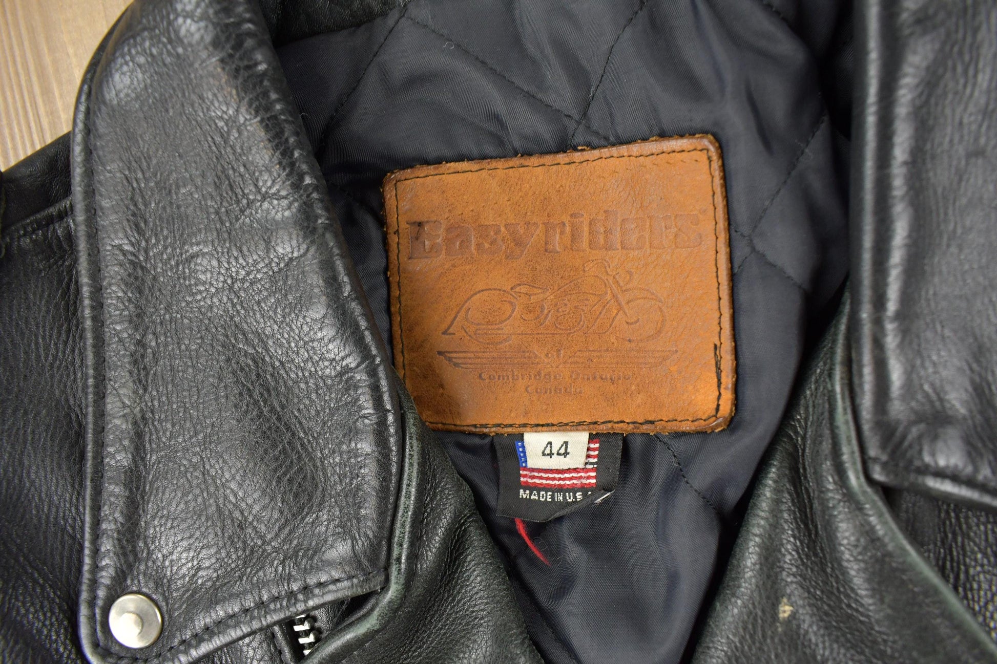 Vintage 1990s Easy Riders Leather Biker Jacket Made In USA Size 44 from propervintagecanada
