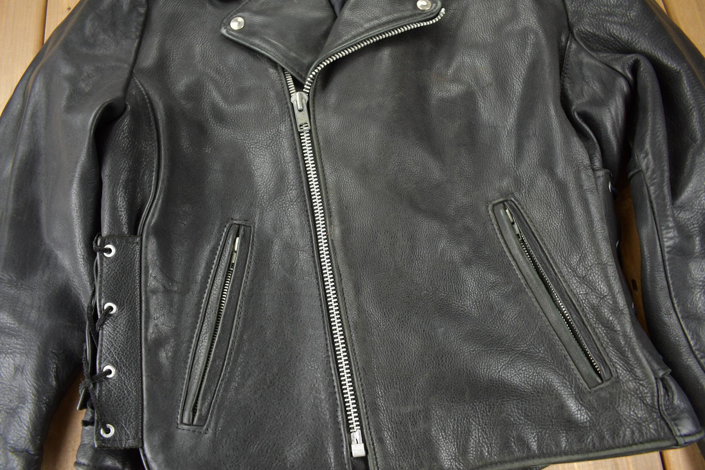 Vintage 1990s Easy Riders Leather Biker Jacket Made In USA Size 44 from propervintagecanada