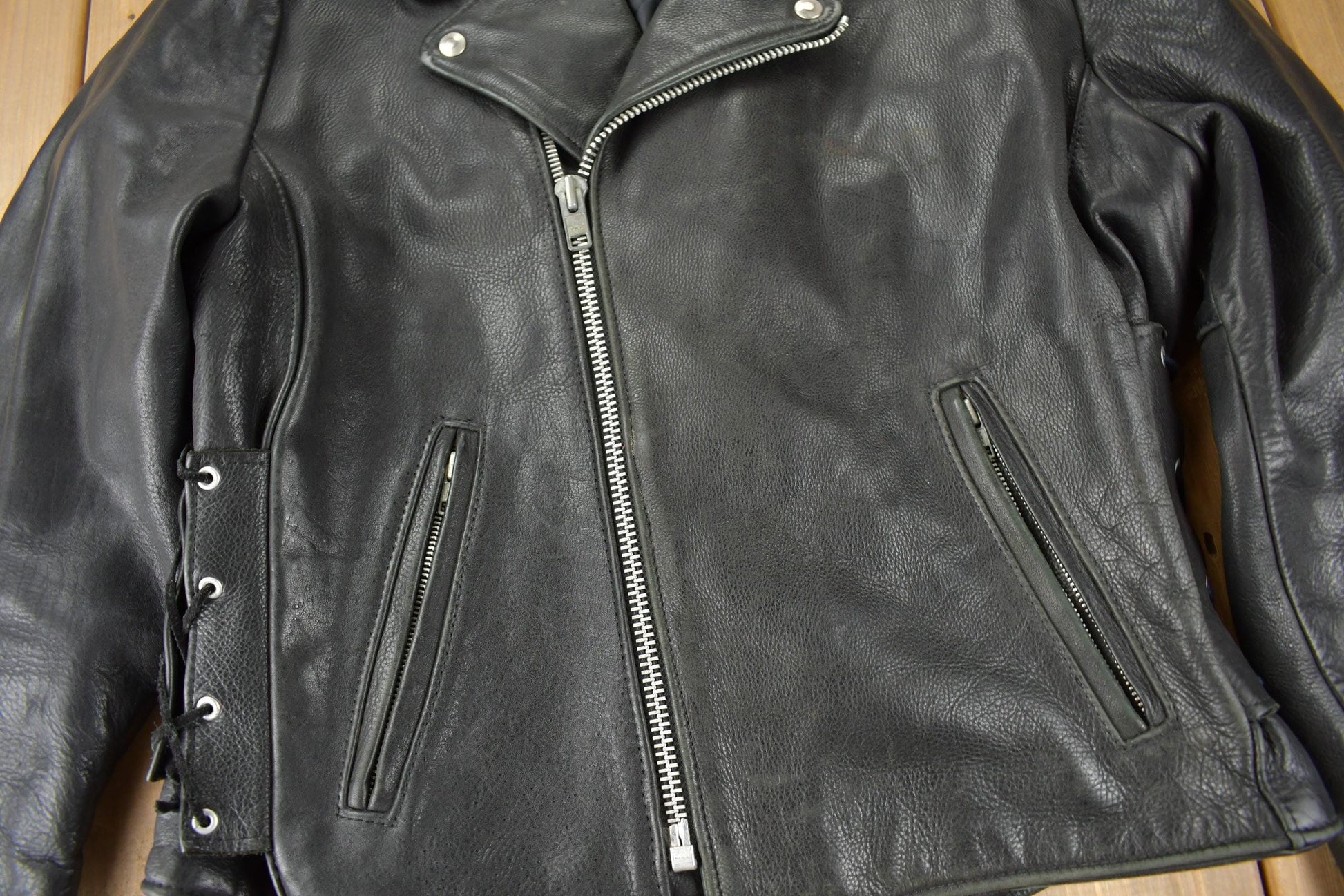 Vintage 1990s Easy Riders Leather Biker Jacket Made In USA Size 44 from propervintagecanada