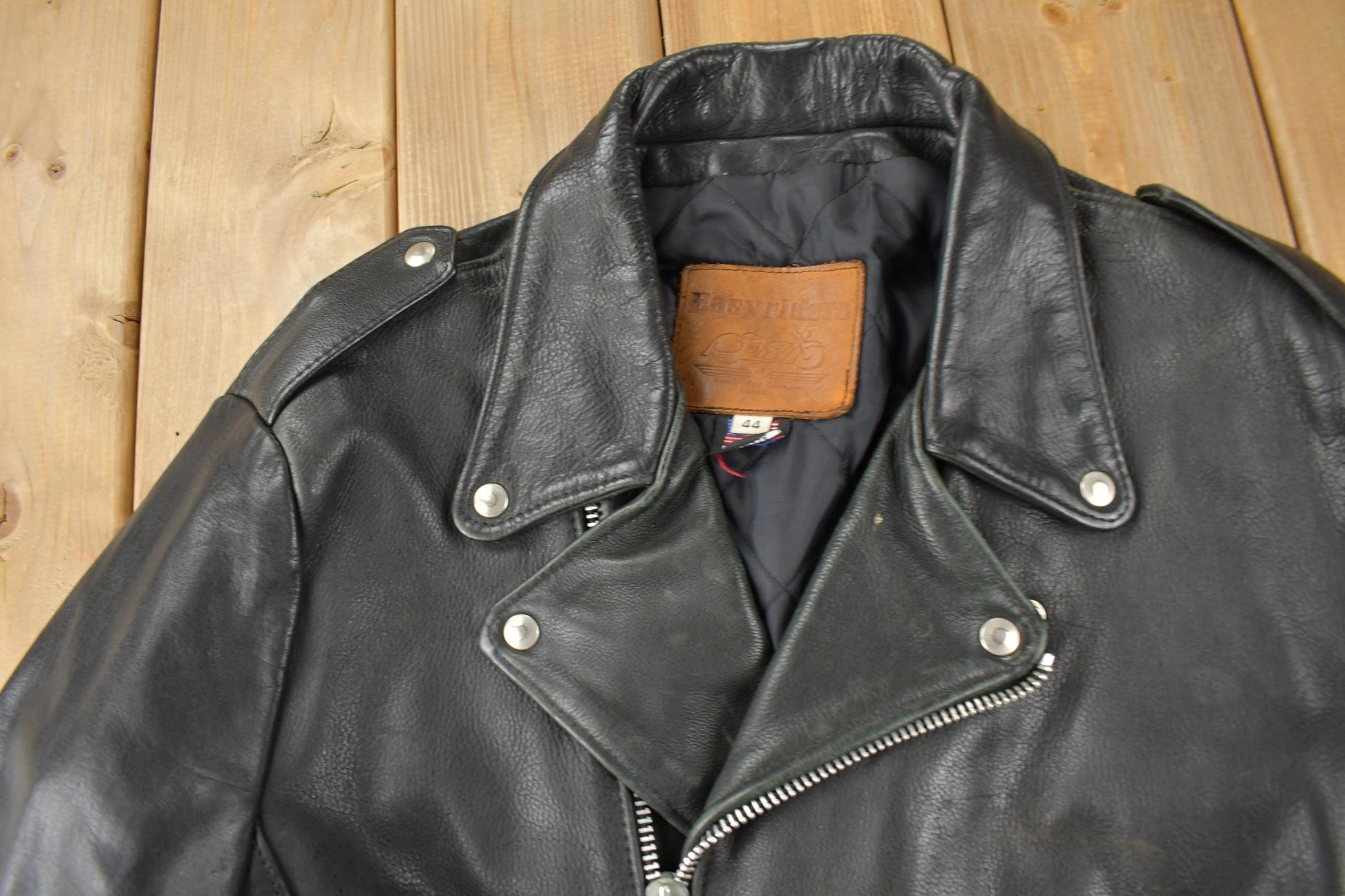 Vintage 1990s Easy Riders Leather Biker Jacket Made In USA Size 44 from propervintagecanada