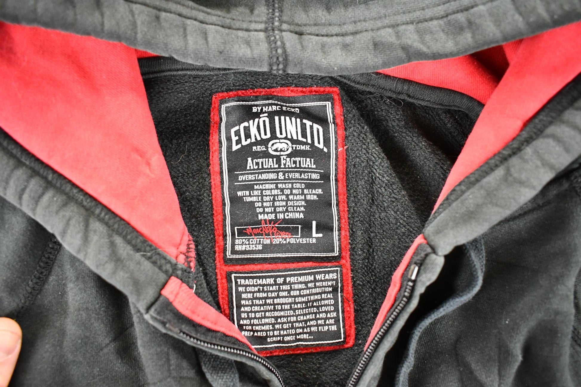 Vintage 1990s Ecko Unltd Actual Factual Zip Up Hoodie Sweater Men's L from propervintagecanada