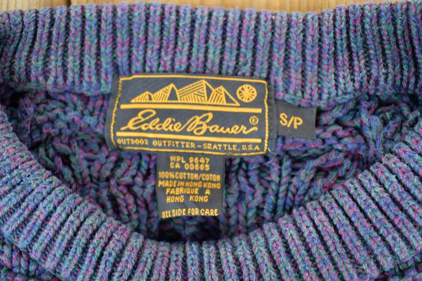 Vintage 1990s Eddie Bauer Cable Knit Abstract Pattern Crewneck Sweater Made In Hong Kong Men's Small from propervintagecanada