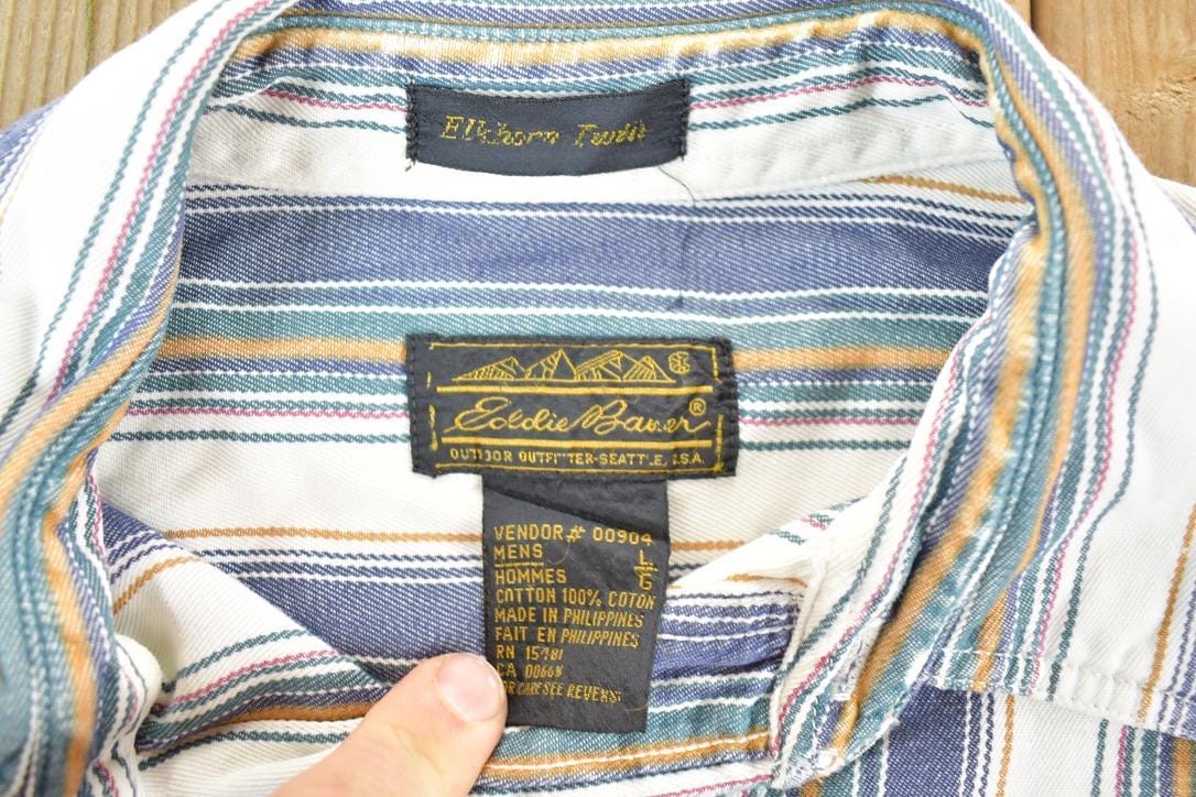 Vintage 1990s Eddie Bauer Striped Button Up Shirt Mens L from propervintagecanada